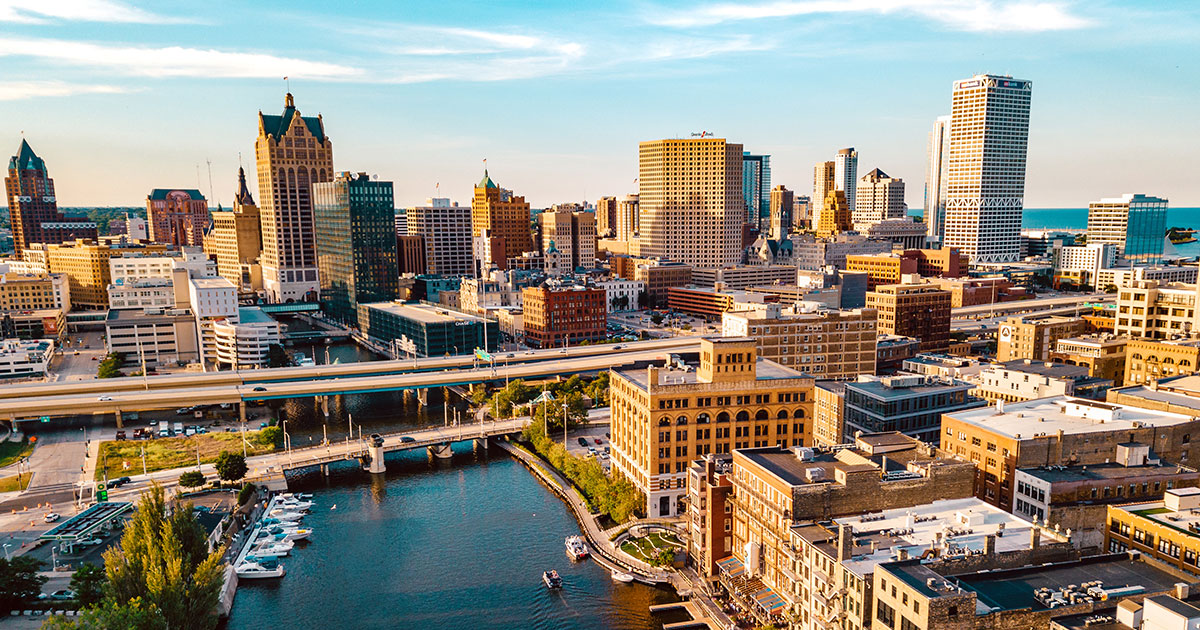 aerial photo of downtown Milwaukee