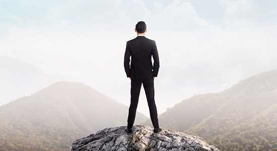 businessman stands atop mountain