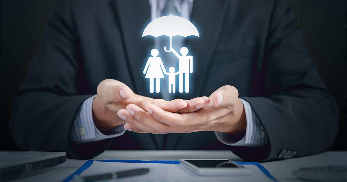 attorney holding virtual family with umbrella in hands