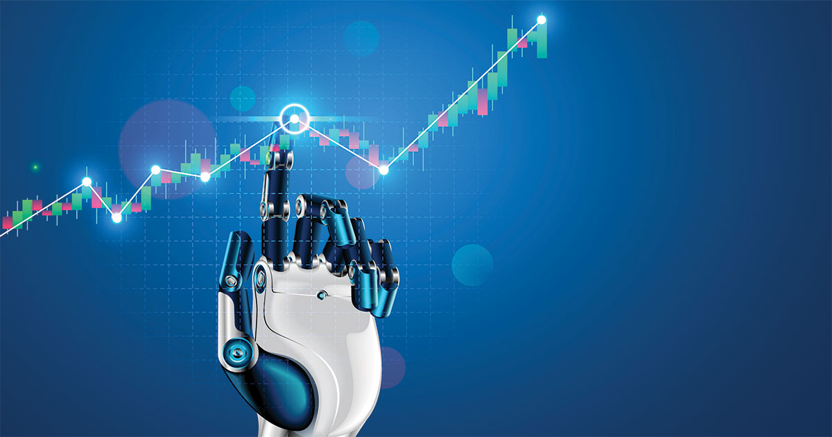 robot hand touching a rising digital trend line