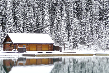 cabin on the lake in winter