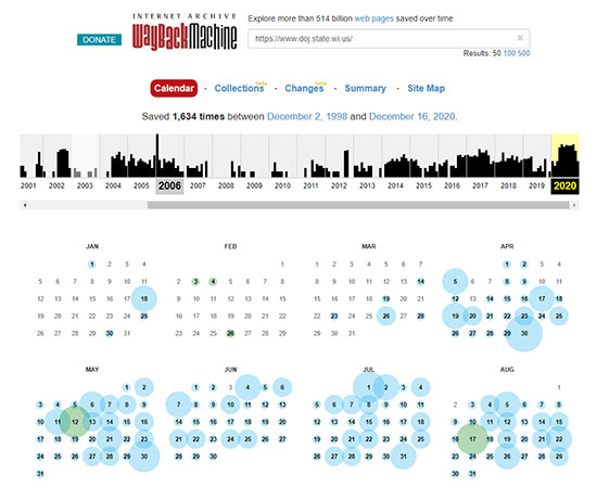 Figure 1. The Wayback Machine’s calendar shows the number of captures per year for the Wisconsin Department of Justice website.