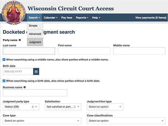 WCCA Judgment search