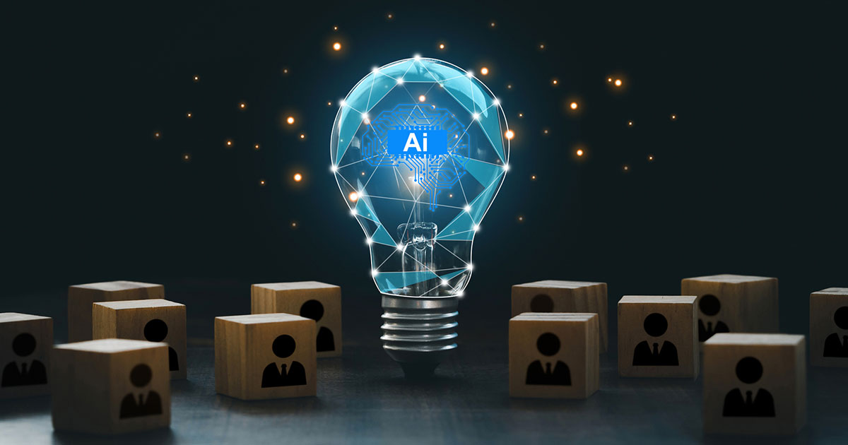AI lightbulb surrounded by box people