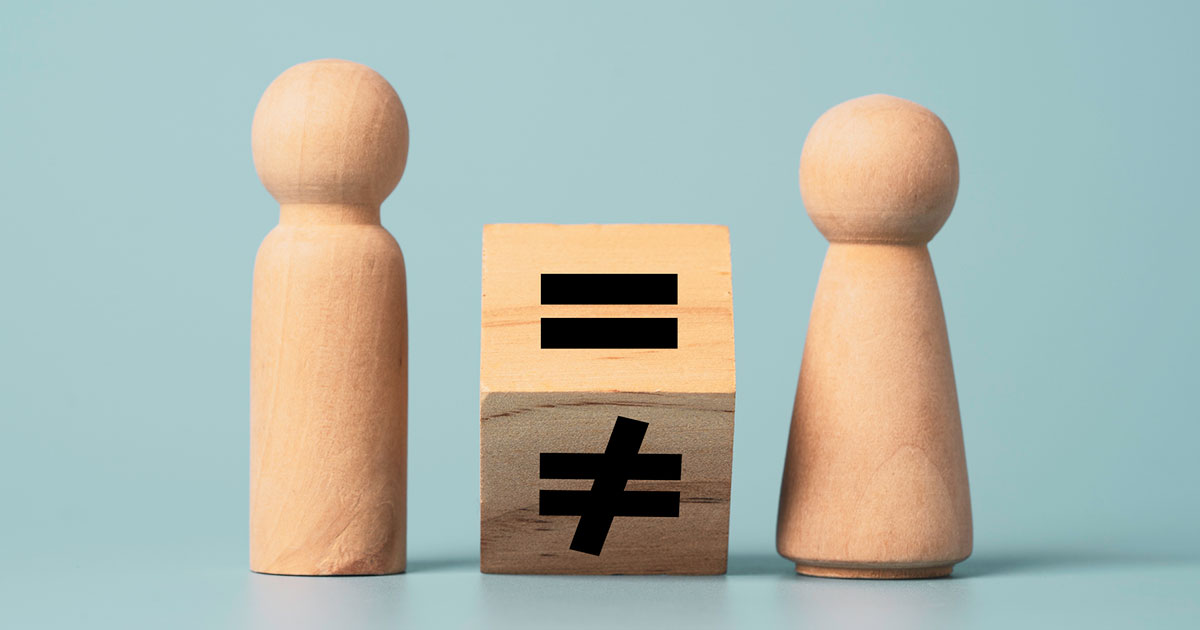 male and female shaped pieces with a dice between showing an equals and not-equals sign