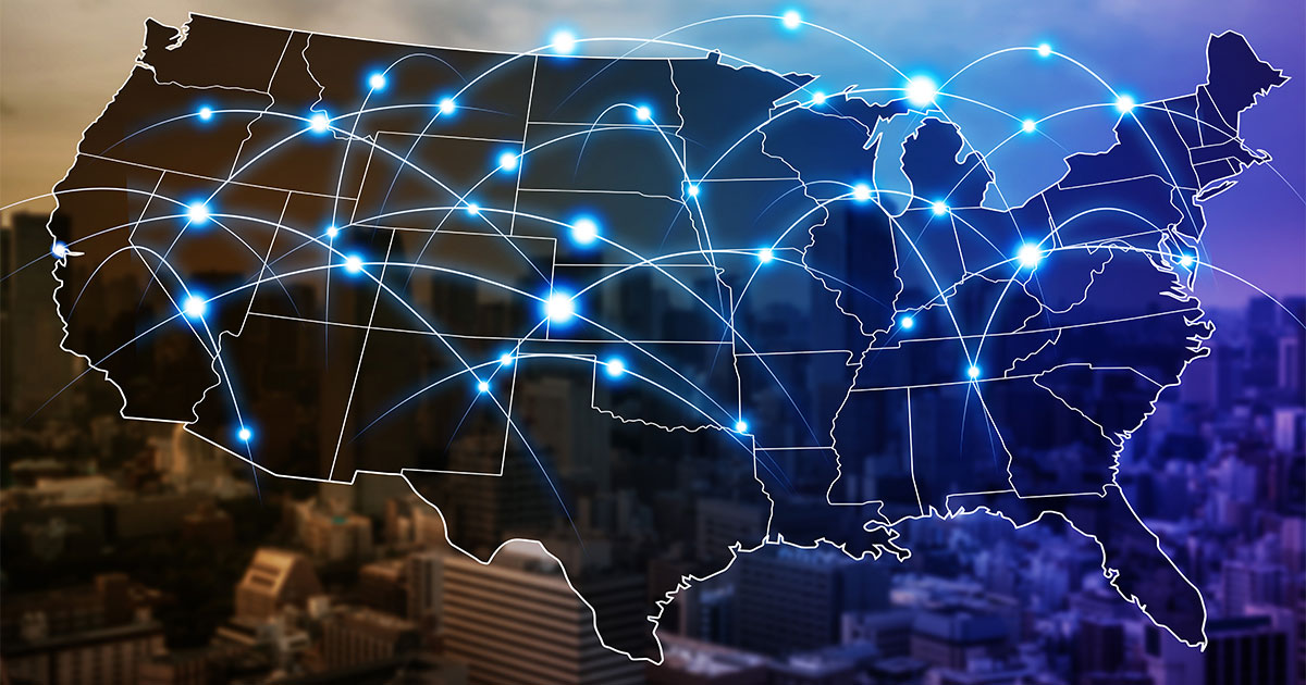 Map of United States with various points lit up and lines drawn between