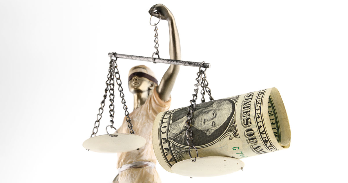 justice scales with dollar
