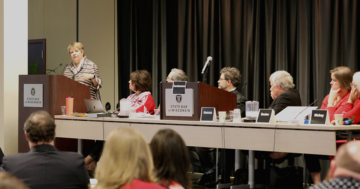 Wisconsin Supreme Court Justice Janet Protasiewicz addresses the State Bar’s Board of Governors