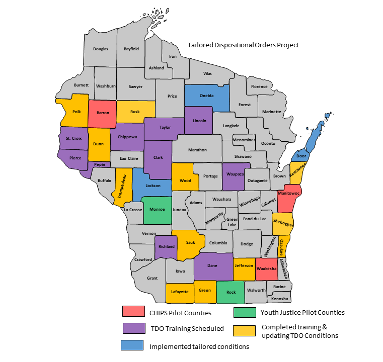 A Wisconsin map with various counties in different colors