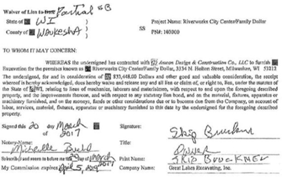 a construction lien waiver with the word 'partial' handwritten after the printed title Waiver of Lien at top left