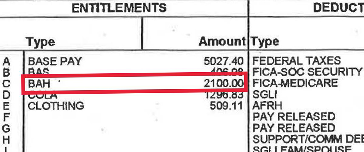 Figure 2 shows that on the pay stub under Entitlements is the BAH amount of $2,100