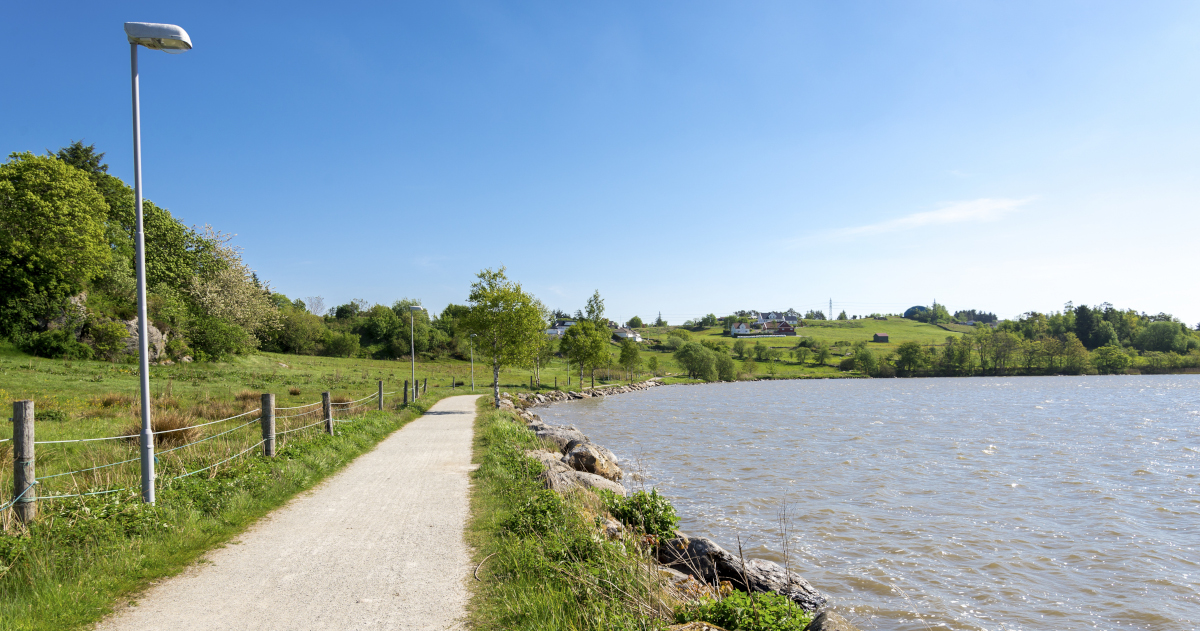 A Gravel Path Running Near The Shore Of A Lake On A Sunny Day