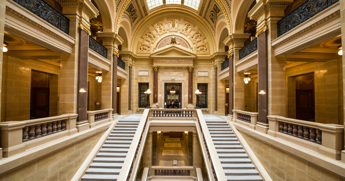 A Wide Angle View Of The Granite Stairs Leading Up To The Entrace To The Wisconin Supreme Court Inside The State Capitol