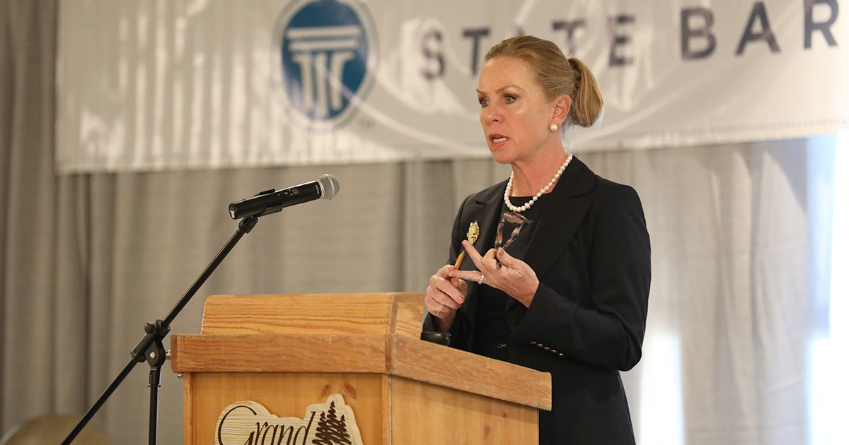 Wisconsin Supreme Court Chief Justice Annette Kingsland Ziegler speaks at a podium