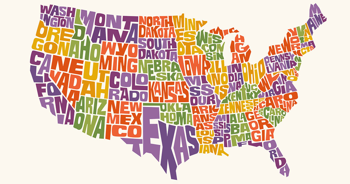 United States map with names of states