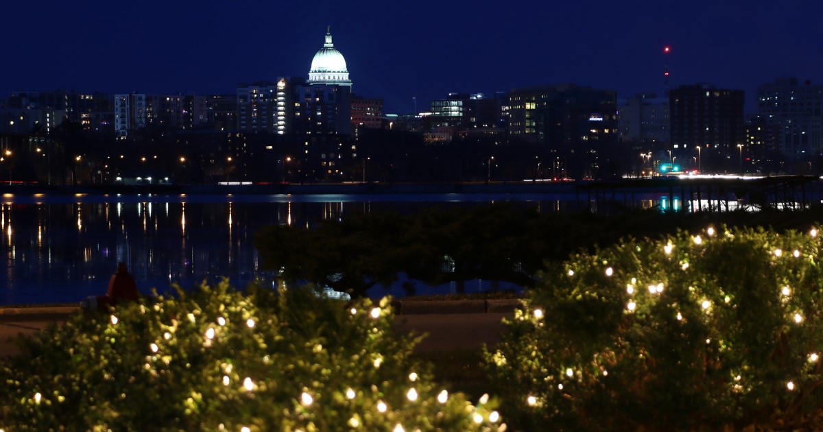 Wisconsin Capitol behind holiday lights