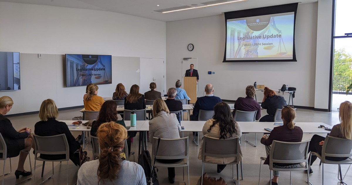 State Bar Senior Lobbyist Cale Battles delivers a presentation to Eau Claire based Women Lawyers of the North