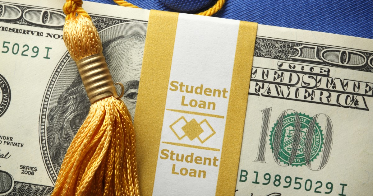 Money wrapped with a bundle labelled "student loans"