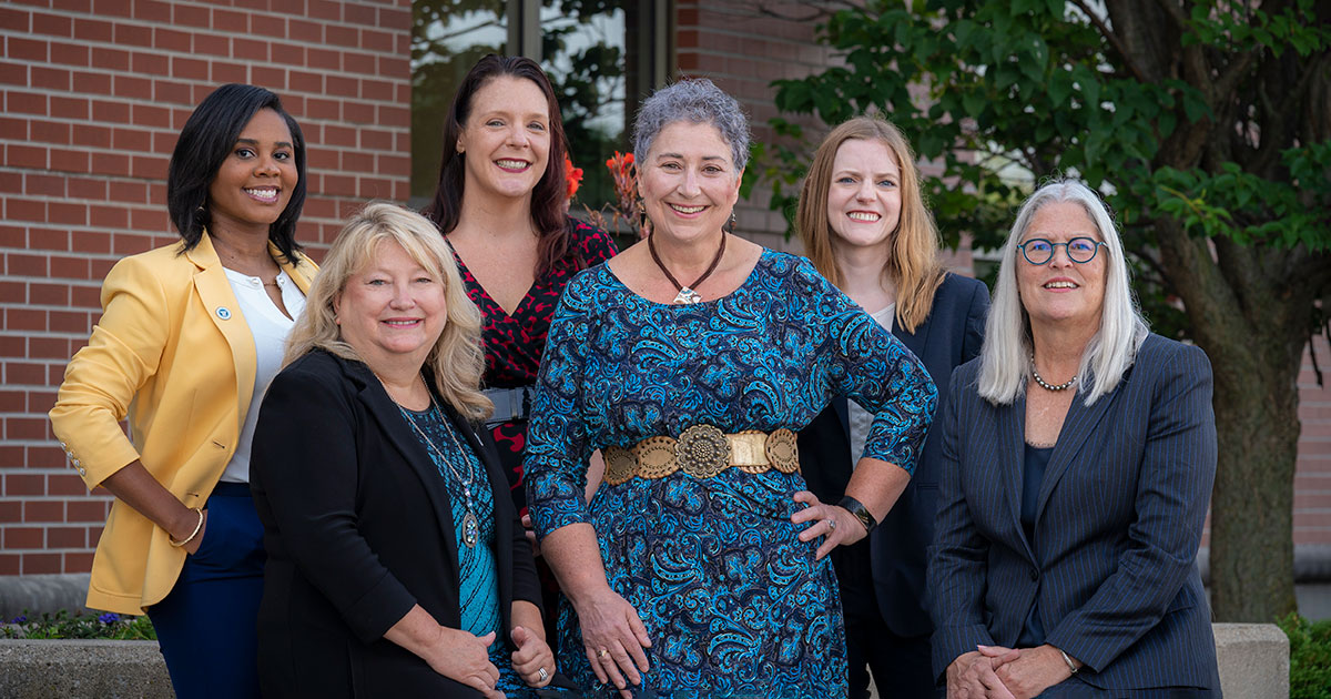 urrent State Bar officers inlude (from left): Secretary Kristen Hardy, Immediate Past President Kathy Brost, Board of Governors’ Chair Theresa McDowell, President Cheryl Daniels  (center), Treasurer Elizabeth Reeths, and President-elect Margaret Hickey.