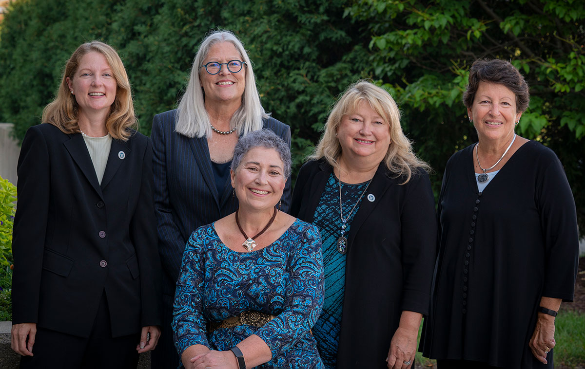 Five of the nine women elected State Bar president during the State Bar’s 143-year history include (from left): Jill Kastner (2019-20); Margaret Hickey (2022-23); Cheryl Daniels (seated)  (2021-22); Kathy Brost (2020-21); and Diane Diel (2008-09). Photo: Andy Manis