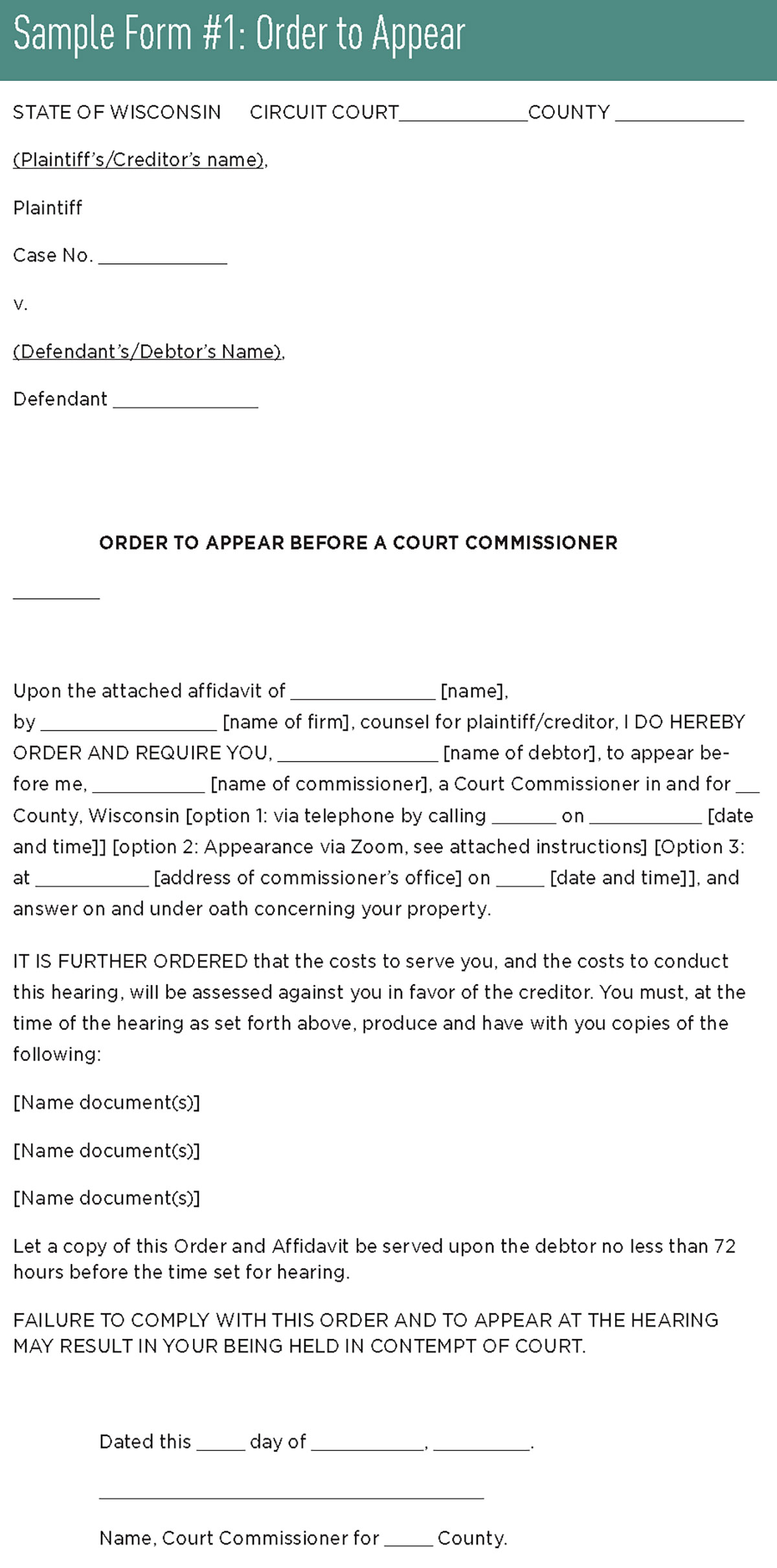 Sample form 1: Order to appear