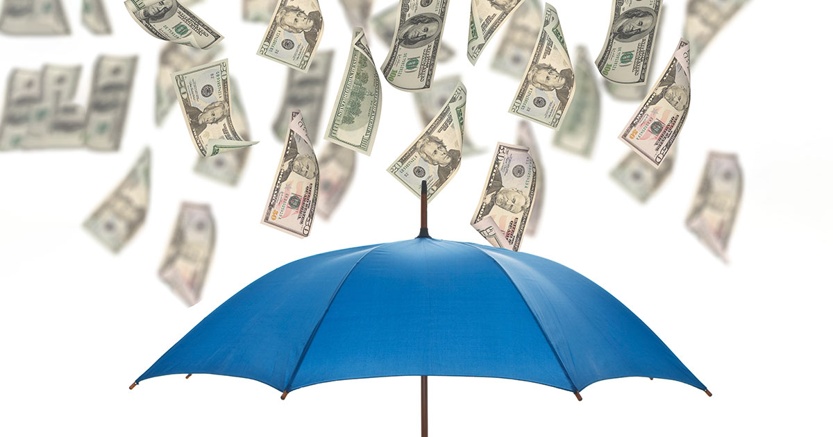 dollars floating over an umbrella