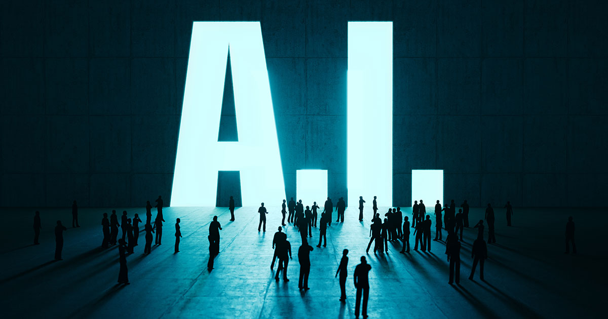 Letters AI on the wall surrounded by people