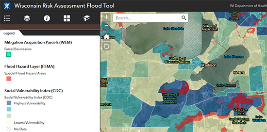 Image of flood zones in Madison using the Wisconsin Department of Health Services Risk Assessment Flood Tool
