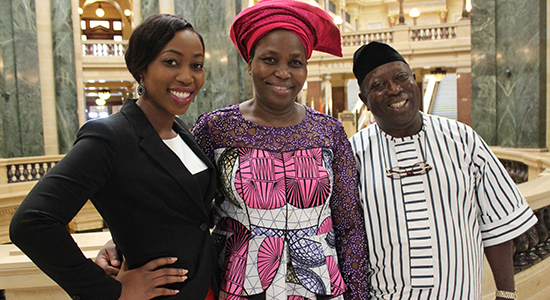 Miriam Eniolorunda, left, poses with parents Esther and Olaolu Eniolorunda of Dallas, following the ceremony.