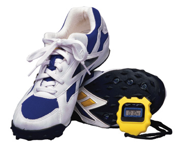 running shoes and stop watch