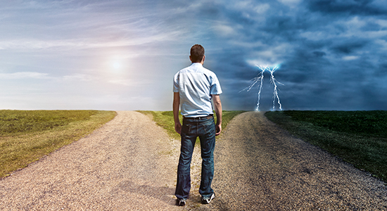 Fork in the road leads to sunny or stormy