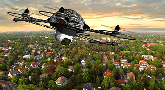 drone in flight above neighborhood