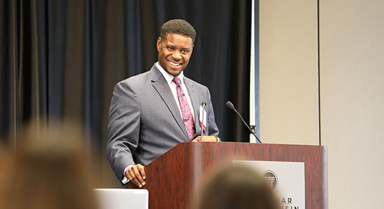 Judge Everett Mitchell at podium