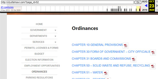 Figure 4: The Wayback Machine shows 23 captures from 2013 to 2020 for the City of Alma ordinance website.