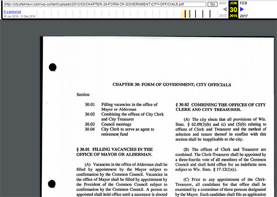 Figure 5: The Wayback Machine provides a 2016 version of a City of Alma ordinance.