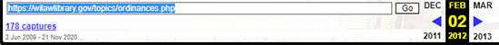 Figure 6: One way to find old ordinance URLs is to use the State Law Library’s ordinances page on the Wayback Machine.