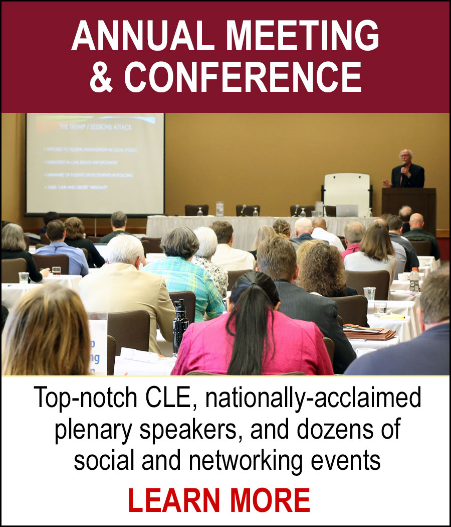 ANNUAL MEETING & CONFERENCE - Top-notch CLE, nationally-acclaimed plenary speakers, and dozens of social and networking events. LEARN MORE